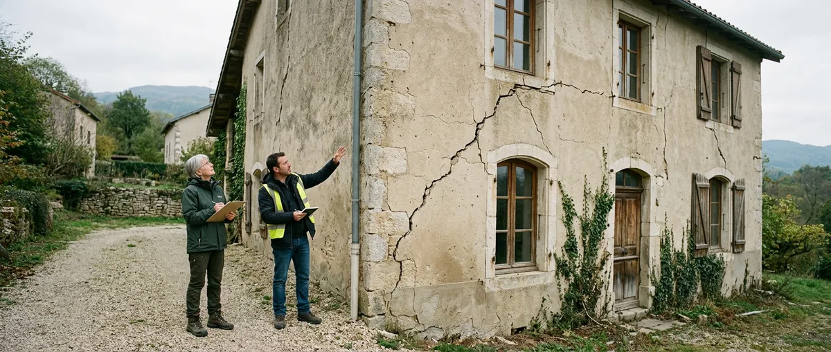 Expertise contradictoire : deux experts examinent une façade fissurée