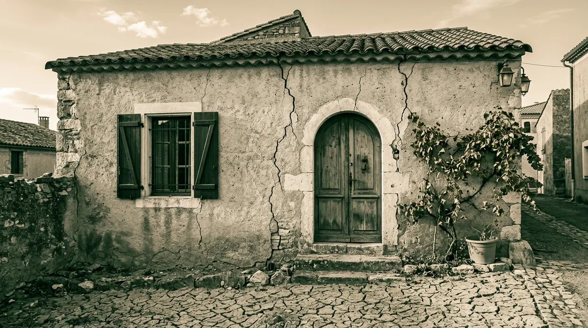 Façade de maison de village avec fissures, ciel d'été sec