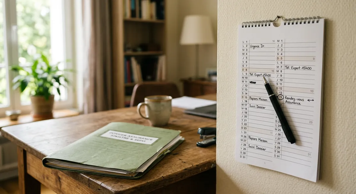 Calendrier et stylo posés sur un dossier d'assurance