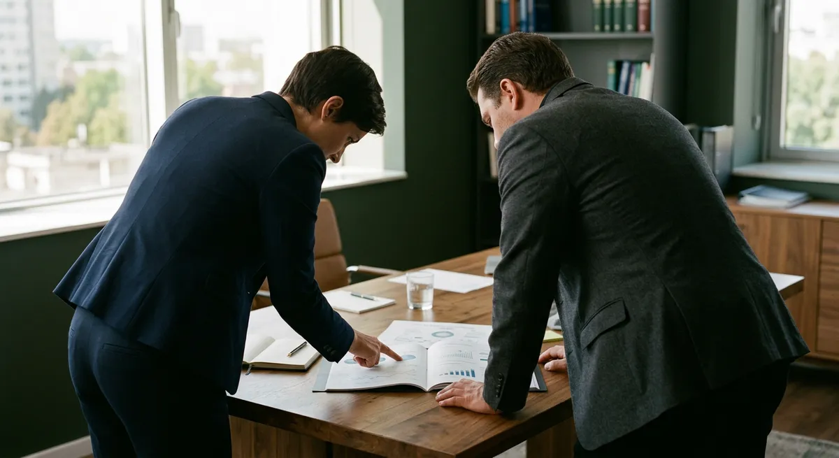 Deux professionnels examinant un dossier au-dessus d'une table