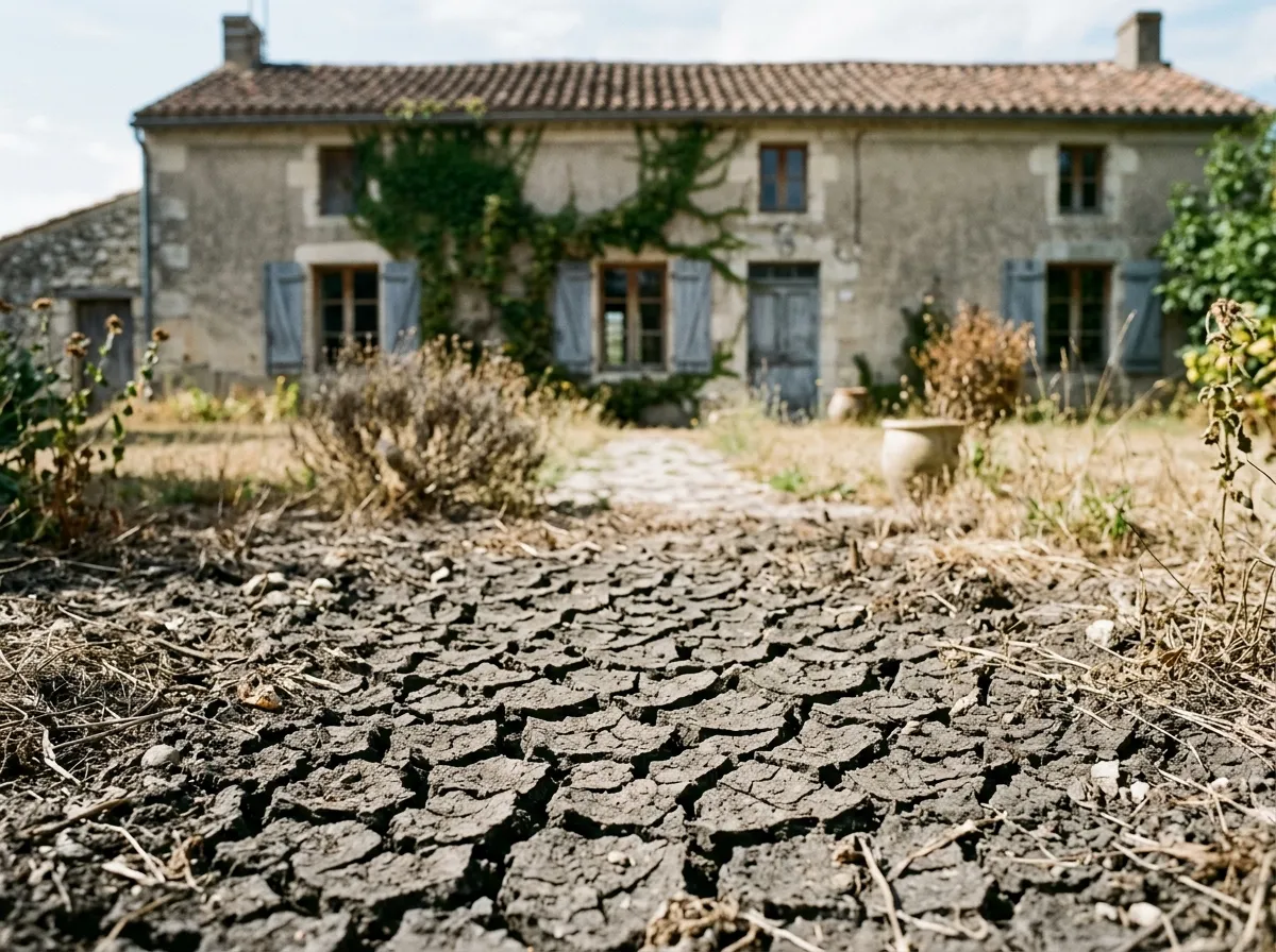 Sol argileux craquelé par la sécheresse devant une maison