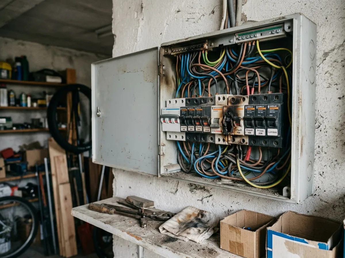 Tableau électrique de maison endommagé après un impact de foudre