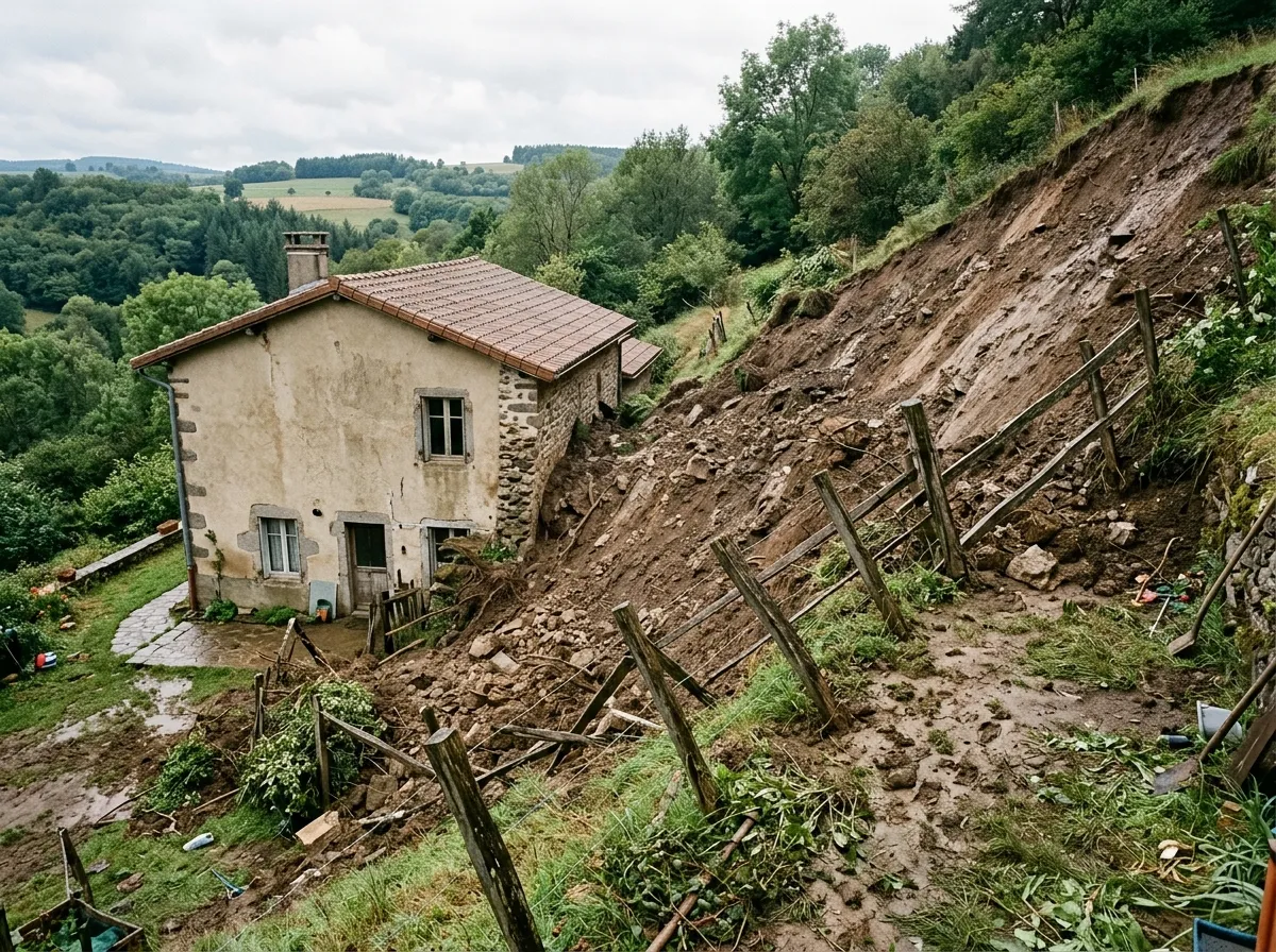 Talus glissé derrière une maison, terre mise à nu