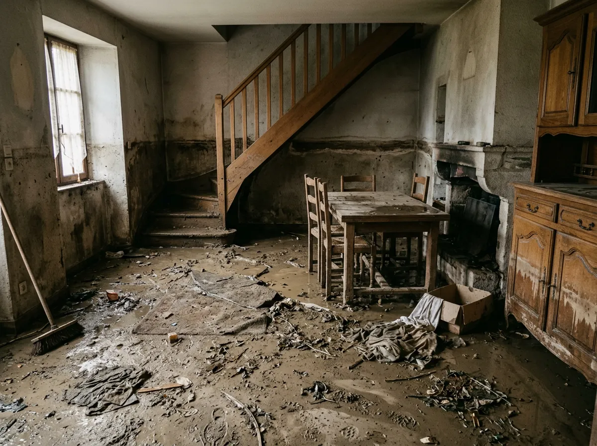 Rez-de-chaussée d'une maison après une inondation, ligne d'eau visible