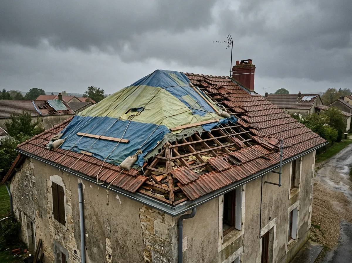 Toiture de maison endommagée après une tempête, tuiles arrachées
