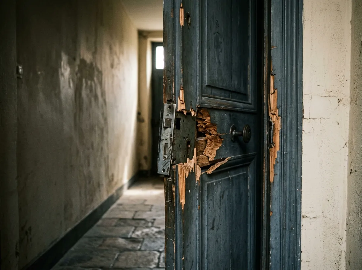 Porte d'entrée fracturée après un cambriolage